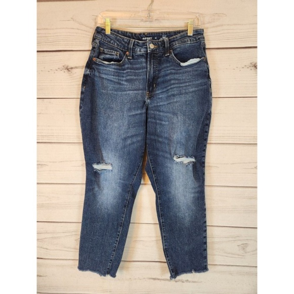 Old Navy Blue Distressed High Rise Curvy OG Straight Secret Slim Pocket Jeans 10